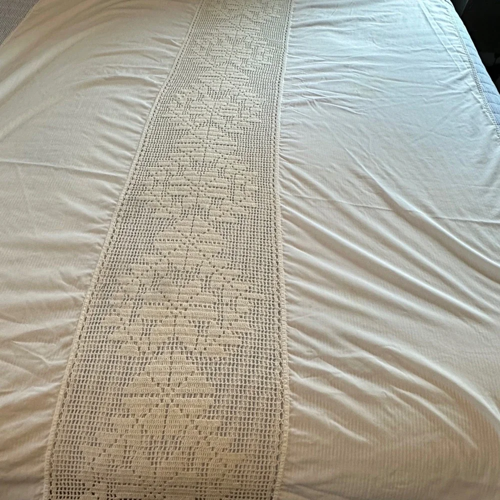 Vintage‎ White/Cream Crochet Panel Tablecloth Lace Edge Cottage Farmhouse 54x80